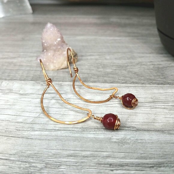 BOGO EARRINGS Garnet Gemstone Crescent Moon Dangle Earrings, 2.5" - Picture 4 of 4